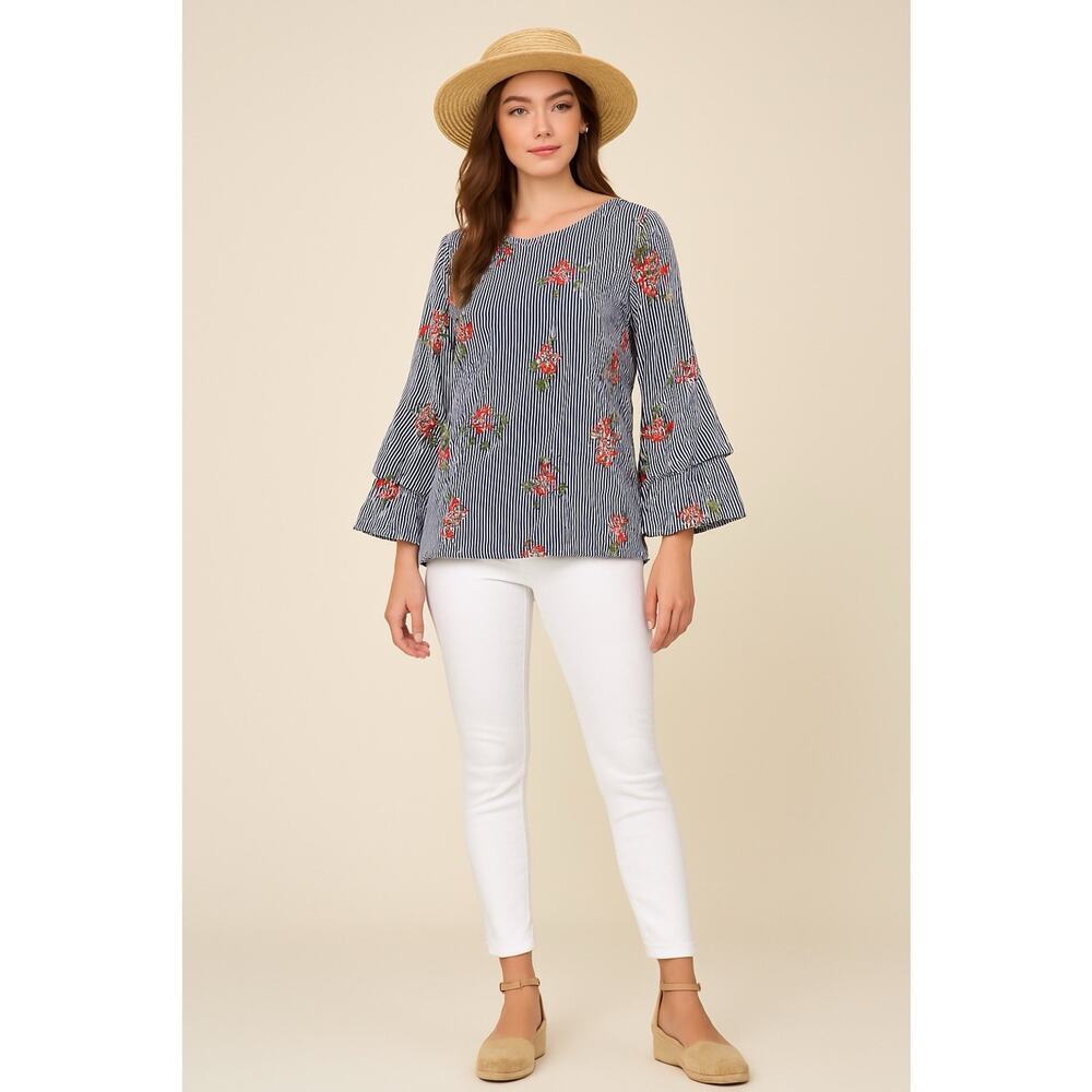 Peach Love California Floral Embroidered Striped Bell‎ Sleeve Blouse T20381-02 M